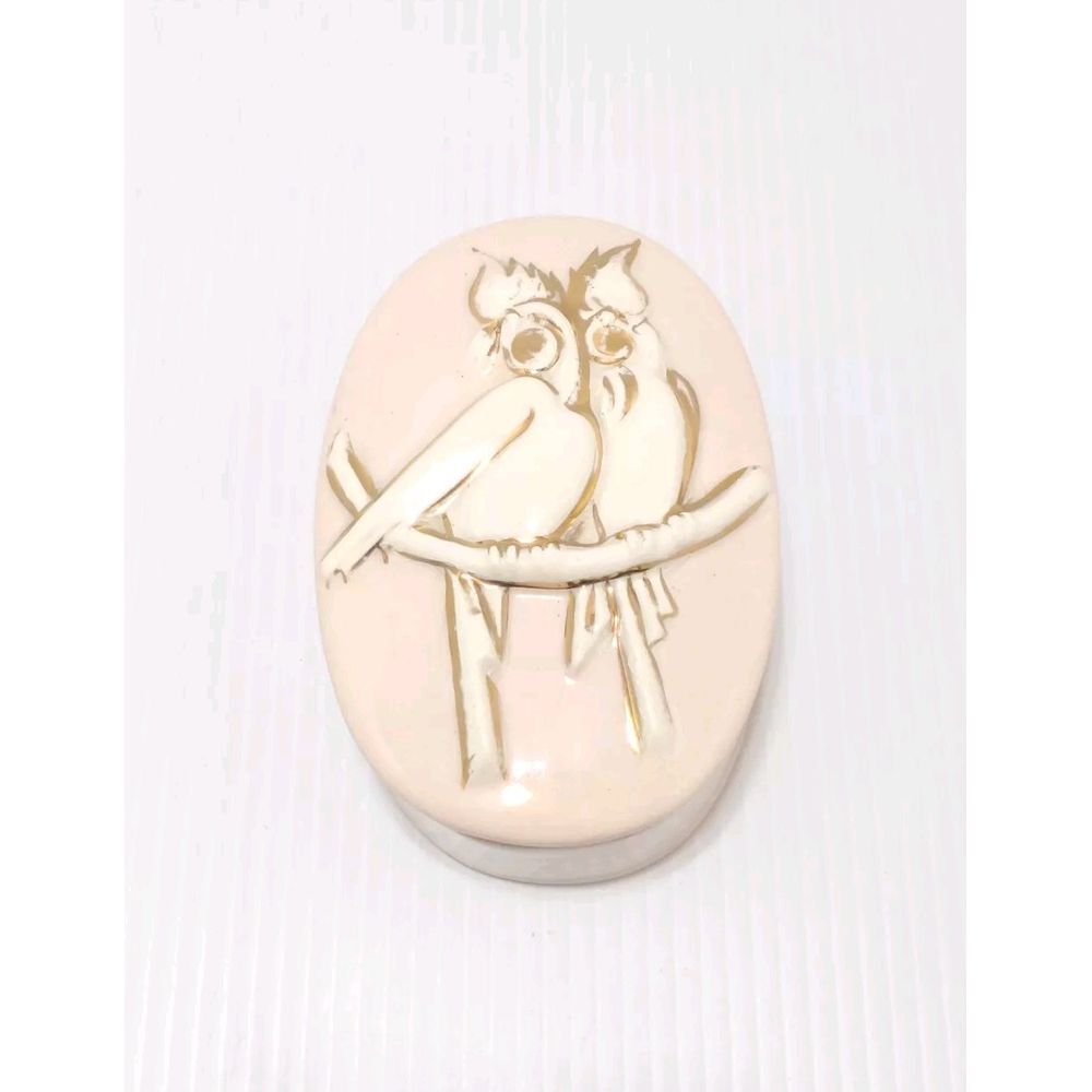 Vintage MCM Ceramic‎ Pink Trinket Box With Lid White Birds On Branch Gold Accent